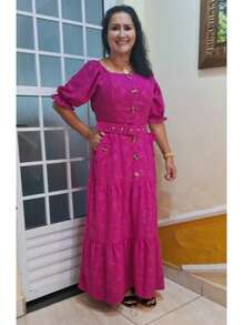 Long Dress With Belt Duna Fabric 3D Floral Plus Size Simple Elegant Conservative/Modest Buttons Front Button Sweetheart Formal & Evening - 玫瑰紅 - 查看 2