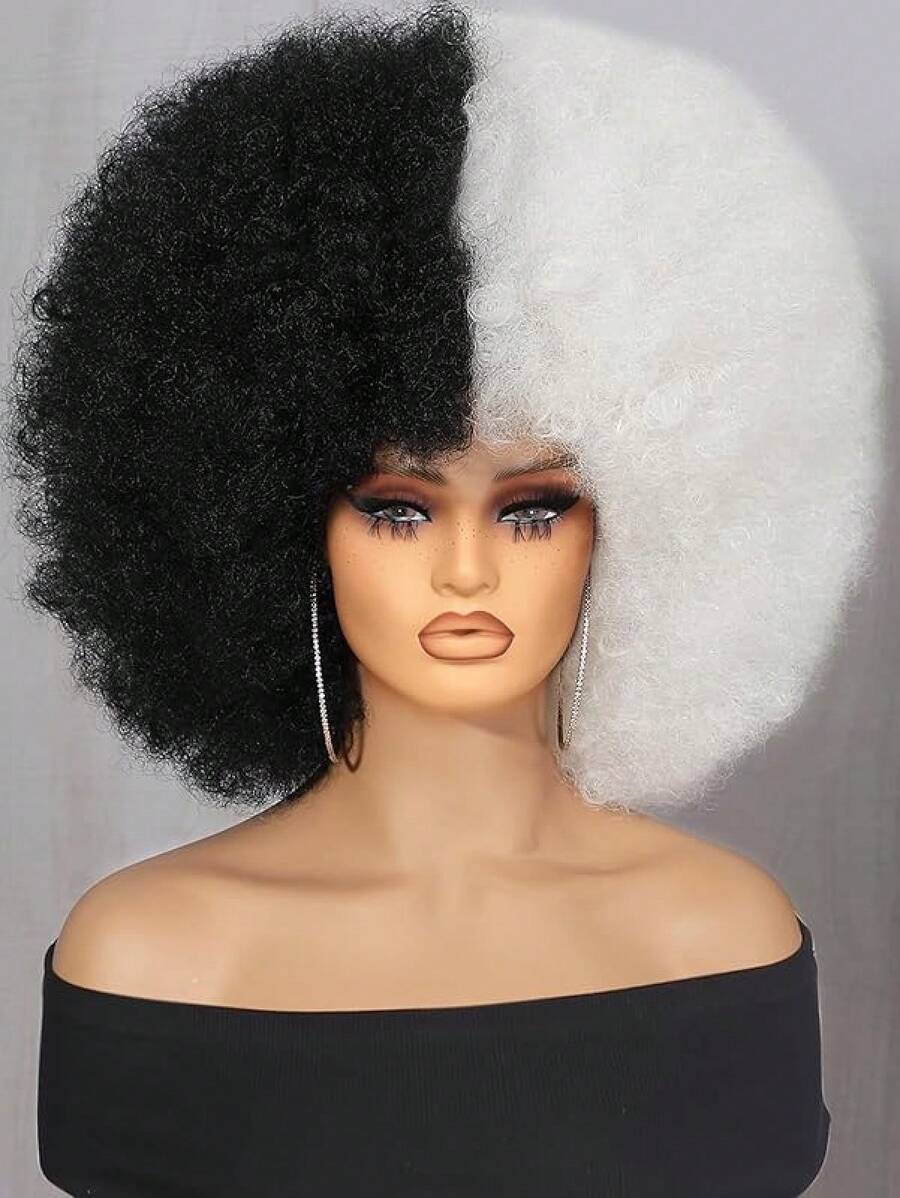 Afro Wig 14Inch And 8Inch Afro Wigs For Women 70s Afro Kinky Curly Wig Bouncy Huge Fluffy Puff Wigs Synthetic Hair For Cosplay Daily And Party - 黑與白 - 查看 1
