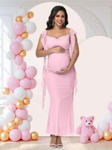 JustVH Maternity Draped Neck Ruffle Long Dress For Baby Shower Photoshoot