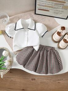 2pcs Baby Girls Casual Puff Sleeve Shirt+Plaid Ruffle Skirt Outfit, Suitable For Spring/Summer Outdoor - White - View 1