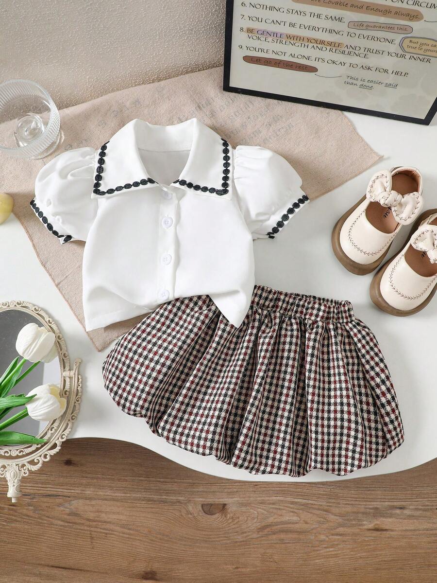 2pcs Baby Girls Casual Puff Sleeve Shirt+Plaid Ruffle Skirt Outfit, Suitable For Spring/Summer Outdoor - White - View 1