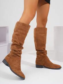 2025 New Style Ruched Velvet Stretchy Slim Fit Over-The-Knee Fashionable Mid-Calf Boots - Brown - View 2