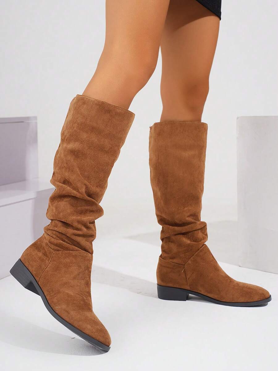 2025 New Style Ruched Velvet Stretchy Slim Fit Over-The-Knee Fashionable Mid-Calf Boots