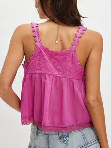 Women Boho Flowy Babydoll Cami Tank Tops Y2K Fairy Lace Trim Spaghetti Strap Tie Front Loose Camisole Crop Tops Summer Backless Sleeveless Vests Shirts Cute Going Out Tops Beach Vacation Streetwear Aesthetic Clothes - 玫紅色 - 查看 2