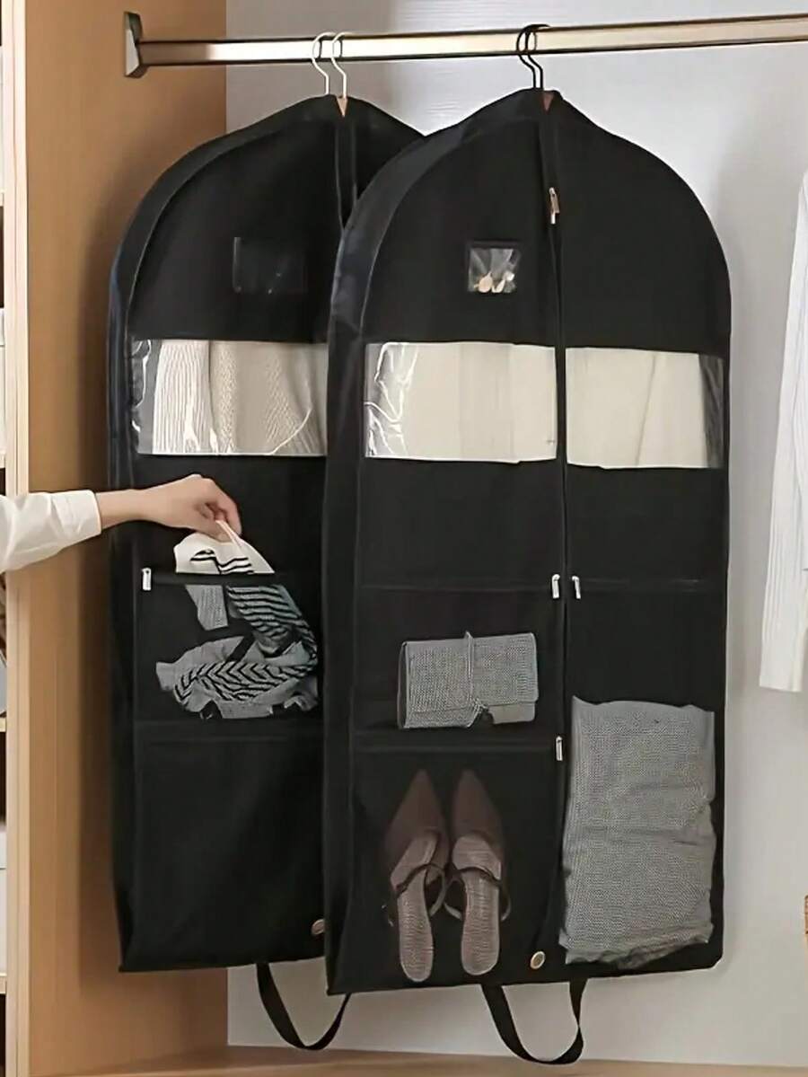用于旅行和衣柜收纳的西装袋，用于衣服、衬衫、夹克、外套的带角撑板悬挂式服装袋，用于旅行的服装袋，重型悬挂式西装袋，大网眼口袋，用于旅行衣柜衣服收纳的西装袋，带西装袋的旅行服装袋，用于西装、连衣裙、外套衣服防尘罩，加厚无纺布羽绒服收纳袋衣柜悬挂式衣服防尘袋 - 彩色 - 查看 1