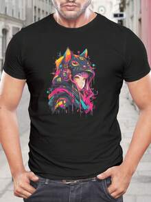 Sudadera con capucha y camiseta de gato cyberpunk: camiseta estética con goteo de neón para jugadores y amantes del anime - Camiseta única de manga corta con gráfico para hombres, mujeres y moda streetwear - Negro - Ver 1