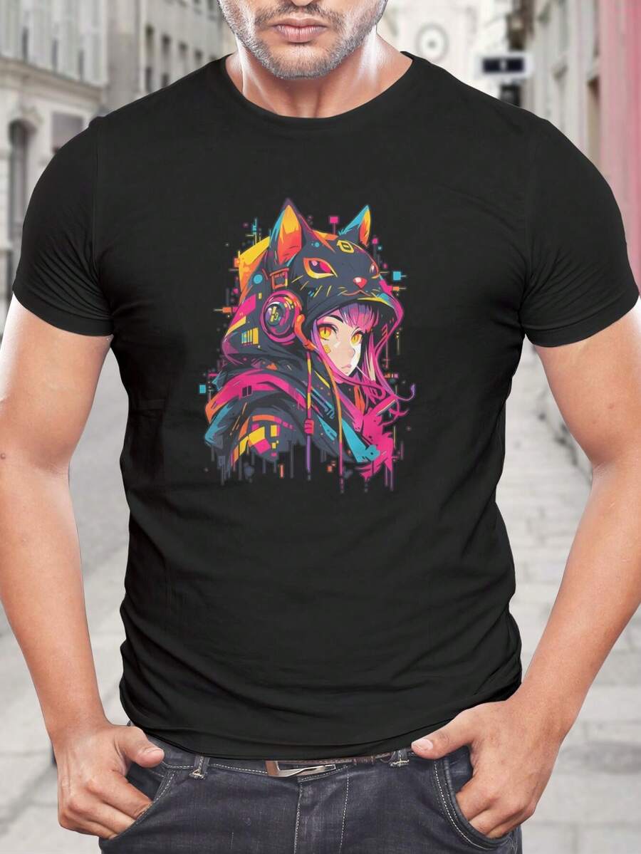 Sudadera con capucha y camiseta de gato cyberpunk: camiseta estética con goteo de neón para jugadores y amantes del anime - Camiseta única de manga corta con gráfico para hombres, mujeres y moda streetwear - Negro - Ver 1