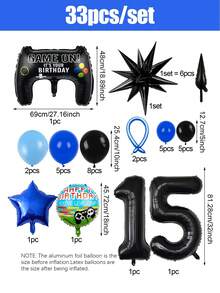 32件/33件遊戲派對用品，遊戲生日套裝，包含遊戲控制器裝飾、0-15數字氣球、爆炸星，適用於生日派對、遊戲主題派對、拍照道具，L升級版！生日派對裝飾 - 彩色 - 查看 22