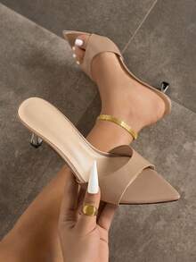 女士优雅经典穆勒高跟凉鞋，尖头金属银色小猫跟，性感收腰宽带，时尚派对、休闲、户外、旅行、春夏季 - 棕色 - 查看 2