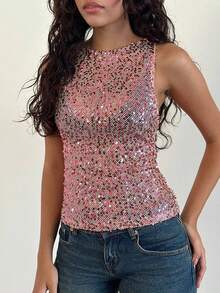 Women's Beads Sequins Tank Top Sparkle Sleeveless Boat Neck Solid Party Clubwear Vest - 粉色 - 查看 2