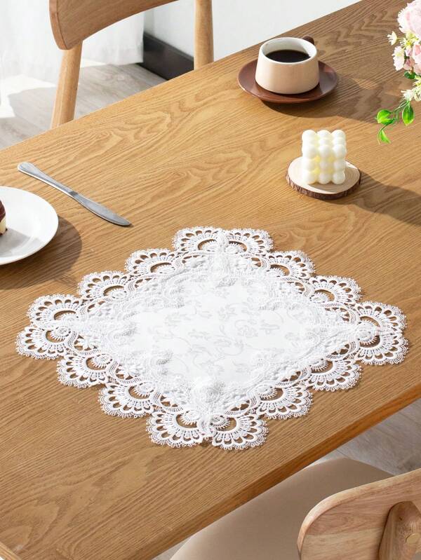 1pc White Satin Jacquard Table Runner, Elegant Lace Hollow-Out Crafted Bed & Dining Table Decor, Exquisite Textile Heat Insulation Mat, Available In Multiple Lengths, Suitable For Dining Table, Afternoon Tea, Holiday Gift, Home Decor, Mother's Day/Christmas Gift