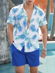 Men's Casual Set With Short Sleeve Shirt And Printed Shorts - 藍色 - 查看 1