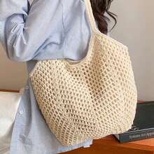 Women Beach Tote Bag, Hollowed Crochet Shoulder Bag Large Capacity Handbag Summer Pool Bag - Beis - Ver 3