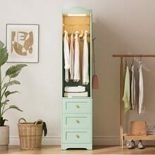 JanflyHome Armoire Wardrobe Closet, 69.5" H Wood Bedroom Armoires Cabinet With Mirror Door And 3 Drawers, Green Clothing Storage Cabinet With Hanging Rod & Sensor Light For Bedroom(Right) - 查看 7