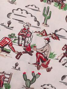 2 件套女士西部牛仔和马车印花睡衣套装，松紧腰带，卡通图案，短袖上衣和短裤，四季舒适 - 杏色 - 查看 10