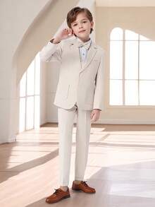 4pcs Young Boy Formal Suit Set: Single-Breasted Jacket, Vest, Pants, And Necktie - Beige - View 6