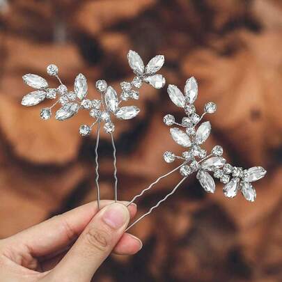 2pcs (1 Pack) Bridal Wedding Silver Hairpins Bride Flower Hair Accessories For Women Valentine's Day Accessories