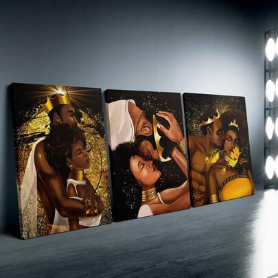3 piezas de cartel de lienzo creativo enmarcado, pintura del Rey y la Reina afroamericanos, arte de pared de lienzo, pintura mural para regalo, dormitorio, oficina, sala de estar, cafetería, bar, decoración de pared, hogar y decoración de dormitorio