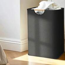 1pc Large Collapsible Waterproof Linen Laundry Basket, Dirty Clothes Storage Bin, Toys Storage Basket For Home Use - Black - View 3