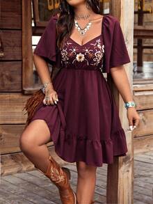 Boho Style Embroidered Square Neck Ruffle Sleeve Short Dress For Women - Red Violet - View 2