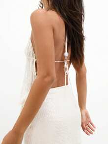 Women Tank Tops Sequins V-Neck Tie-Up Halter Neck Casual Vests Summer Sleeveless Tops Streetwear - trắng - Xem 2