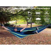 Portable Hammock Outdoor Garden Travel Sports Home Camp Swing Canvas Stripe Hang Bed Double Hammock Single People(Blue)