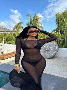 Women's Sexy Slim-Fit Net Sheer Off Shoulder Long Sleeve Long Dress, Plus Size, Summer