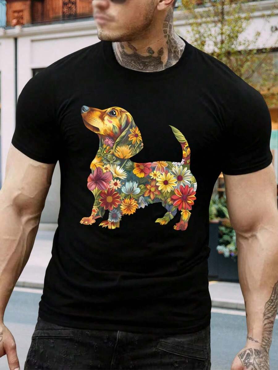 Camiseta divertida de Dachshund floral - Perro salchicha, camiseta con flores, regalo para amantes de los perros, padres de Dachshund, ropa informal - Regalo perfecto para hombres - Negro - Ver 1