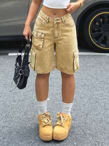 Shorts in denim lavato a vita alta, casual, a gamba larga, da donna