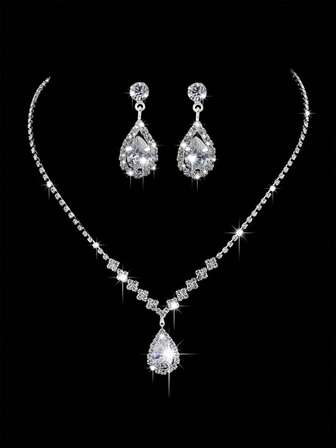 1 Set Luxury Hypoallergenic Crystal Claw Chain, Crystal Teardrop Pendant Necklace & Earrings Set, Elegant Bridal Party Accessories