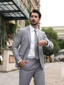 CLOUDSTYLE Men's Solid Color Lapel Neck Long Sleeve Jacket And Trousers Business Suit Set, Spring/Autumn - Light Grey - View 2