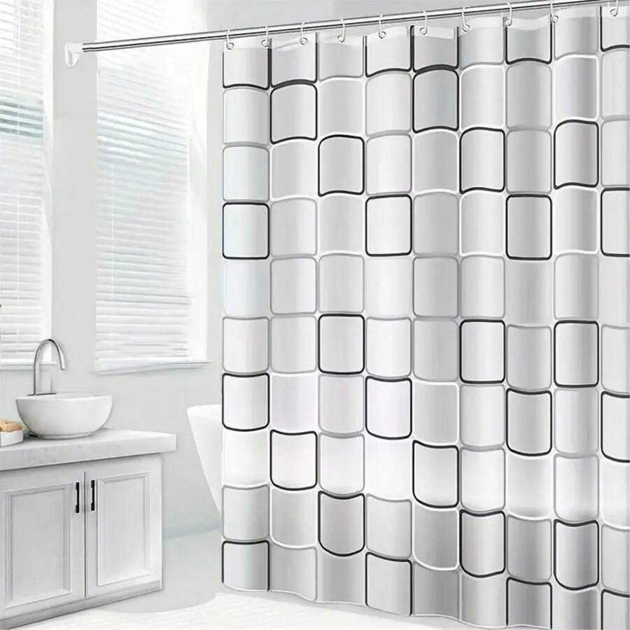 1pc Mildew Resistant Waterproof PEVA Black & White Plaid Shower Curtain, With Metal Hook Holes And Rings, Available In Different Sizes Room Decor Bathroom Accessories Back To School Bathroom Decor - Black and White - View 1
