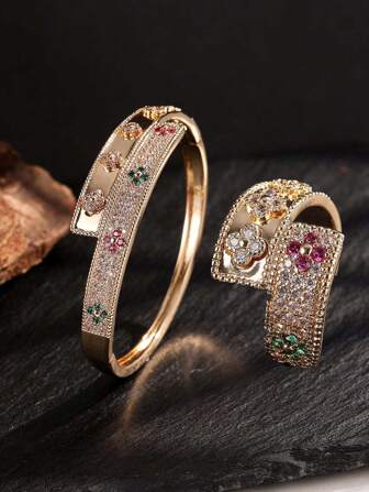 rakol 2pcs Minimalist Cubic Zirconia Decorative Bracelet And Ring Set