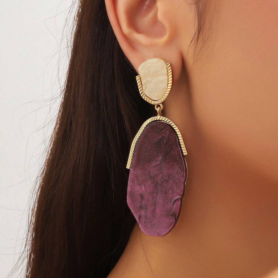 1pair Large Asymmetrical Resin Inlaid Alloy Pendant Earrings For Women, European And American Retro Exaggerated Versatile Party Street Style Jewelry, Gift For Girls - Multicolor - View 1