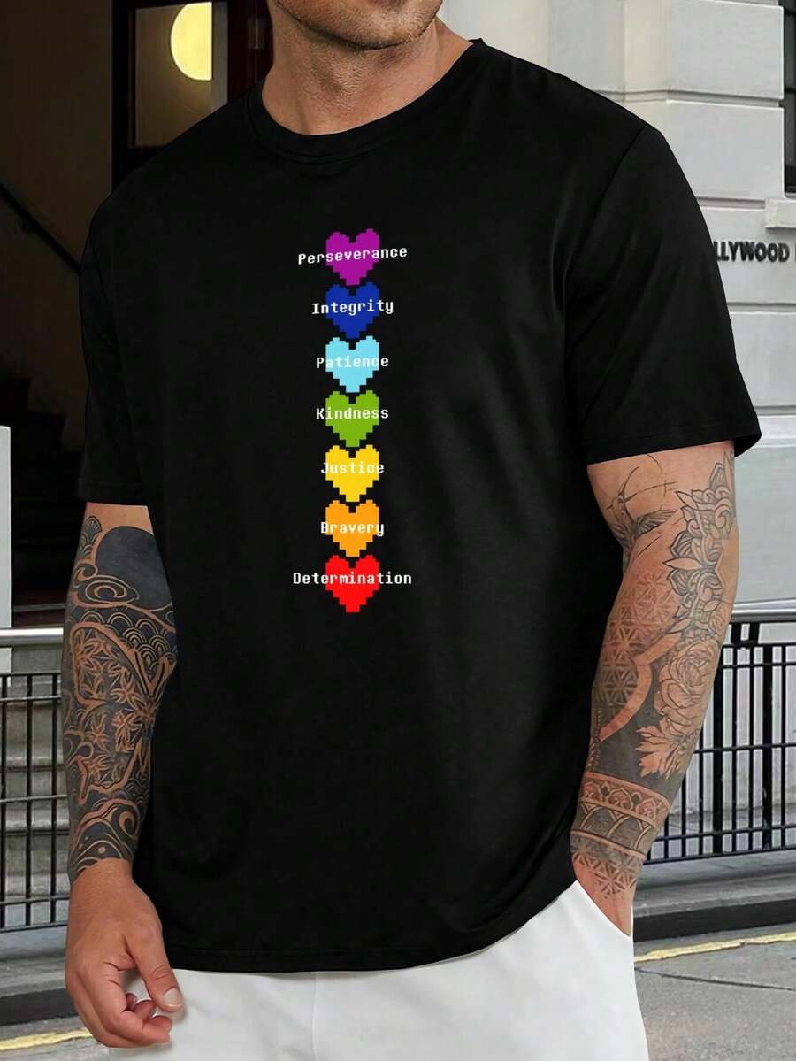 Camiseta de píxeles de Undertale Souls - Determinación, Valentía, Justicia y más - Camiseta para jugadores - Camiseta de manga corta con gráfico friki - Regalo para marido - Negro - Ver 1