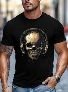 Camiseta de hombre con estampado de calavera y auriculares, cuello redondo, 220 g/m², para verano, de puro algodón, manga corta (1 pieza)