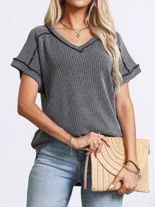 Plus Size Women's Summer Tops V Neck T-Shirt Ribbed Cap Short Sleeve Casual Blouse
