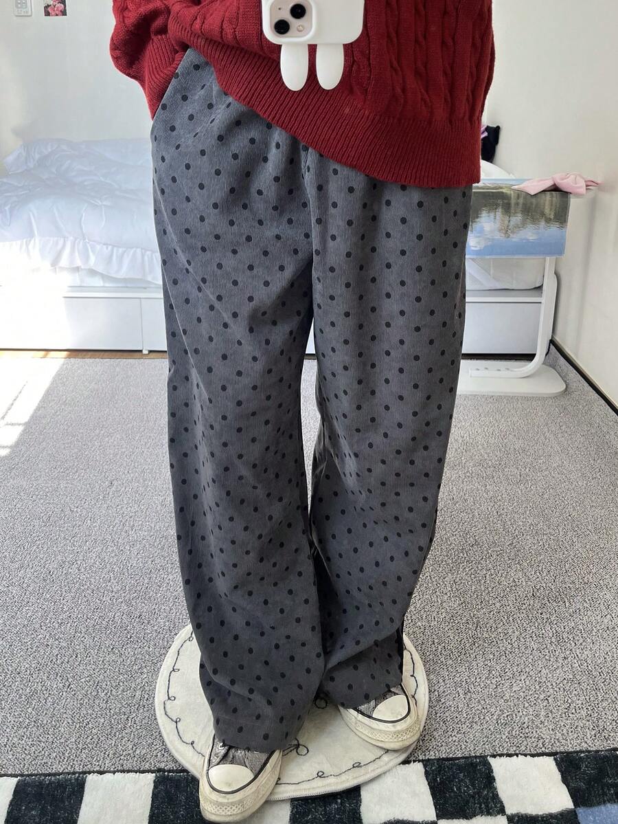 2025 Summer Women's Casual High Waist Slim Polka Dot Straight Leg Pants - Grey - View 1