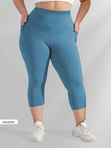 Plus Size Women's High Waist Compression Cropped Leggings, Elastic Yoga Pants (XL-5X) - Spandex Stretchy Fitted - Blue - View 3