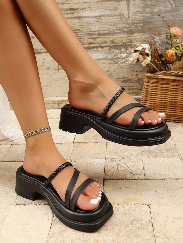 1 paire de sandales compensées à plateforme pour femmes, sandales d'été minimalistes à la mode avec bride tressée, ouvertes sur les orteils, style casual glissant, polyvalentes pour le quotidien et les vacances