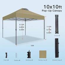 Amada 10x10ft 1-Person Setup Pop Up Canopy Tent - Easy Outdoor Sun Shade For Events, Parties, Camping, Gazebo With Wheel Cover Bag, Beach Tent With 3-Speed Adjustable Height,Blue - 卡其色 - 查看 6