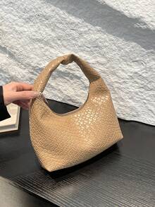 Genuine Leather Underarm Baguette Bag, Suitable For Outings, Dates And Commuting. Fashion Asymmetric Square Handbag, PU Woven Texture Tote Bag, Burgundy, Daily Work Bag, Top Handle Wallet (Pattern Random) - Khaki - View 7