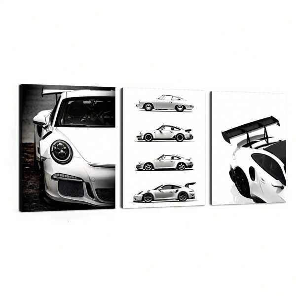3pcs Sleek Car Art Canvas Set With Pine Wood Frames - Modern Black & White Vehicle Designs, Waterproof Wall Decor For Bedroom, Office, Living Room, Cafe, Bar, And Dorm, Office Decor|Sporty Aesthetic|Vibrant Imagery, Car Decor