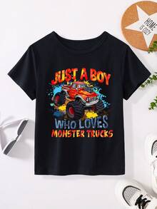 Young Boys' Casual Cartoon Monster & Car Print Short Sleeve T-Shirt - Black - View 1
