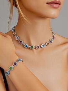 Set de 2 piezas de joyería elegante con rhinestones - Collares, Pulseras - Adecuado para uso diario de mujeres, bodas, fiestas, etc. - Multicolor - 2 piezas - Ver 2