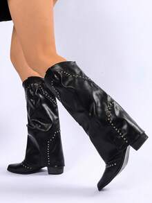 Botas altas con remaches en estilo retro, botas vaqueras occidentales estilo francés versátiles con tacón grueso para mujeres, adecuadas para personas de baja estatura