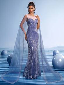 GIFORU Impresionante vestido de noche azul marino bordado con detalles de lentejuelas y capa fluida - Vestido formal elegante para bodas, galas y ocasiones especiales, vestido de fiesta, para invitados de boda - Neblina azul - Ver 8