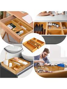 厨房抽屉用具收纳盒套装，竹制餐具架餐具化妆品银器珠宝餐具收纳托盘，适用于厨房、浴室、办公室和客厅 - 彩色 - 查看 7