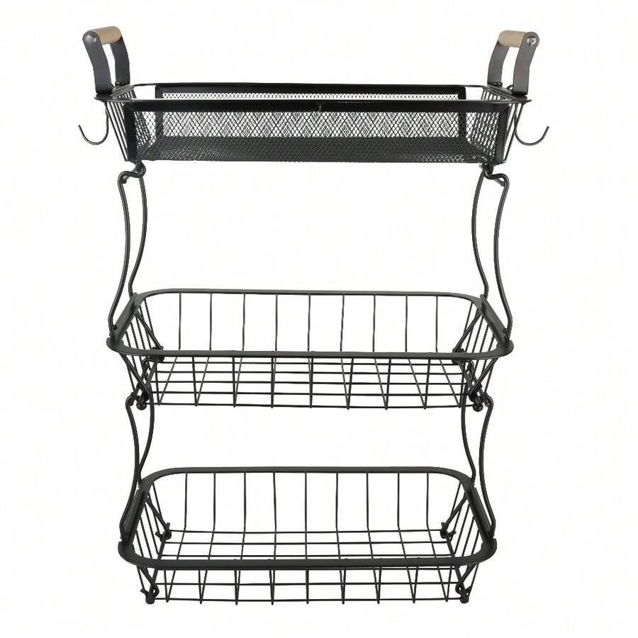 3-Tier Fruit Basket, 3-Tier Fruit And Vegetable Basket With 3 Banana Hooks For Kitchen Counter, Vegetable Counter, Large Capacity Wire Storage Rack, Organizer For Onions, Snacks, Black/White - Black - View 1
