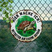 Panneau mural en métal vintage de 20 cm x 20 cm "Je suis de garde ! Entrez à vos risques et périls" - Décoration allemande, thème tortue et humour, convient pour le jardin, la terrasse ou l'espace extérieur, durable et facile à nettoyer, décoration de jardin avec tortue